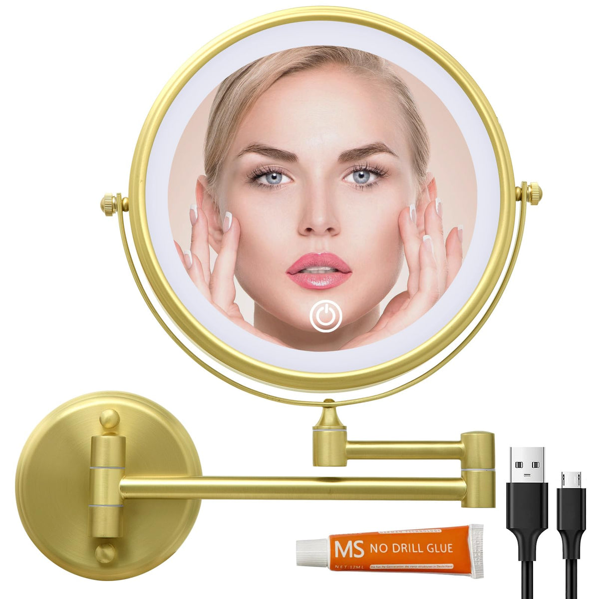LEDOOLE Lighted Makeup Vanity Mirror Wall Mounted Gold8” Double Sided 1X 10X Magnifying Mirror Wall Mount3 Color LightingTouch Screen DimmingExtended Arm 360 Rotation Brass Shaving Mirror
