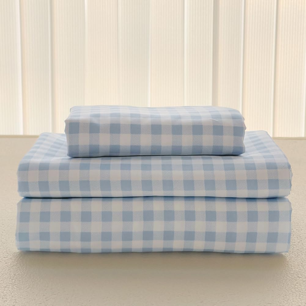 NSNLGSGC Light Blue Gingham King Sheet Set Soft Brushed Microfiber Baby Blue Plaid King Bed Sheets 4-Pieces Grid Sheet Set with Deep Pocket