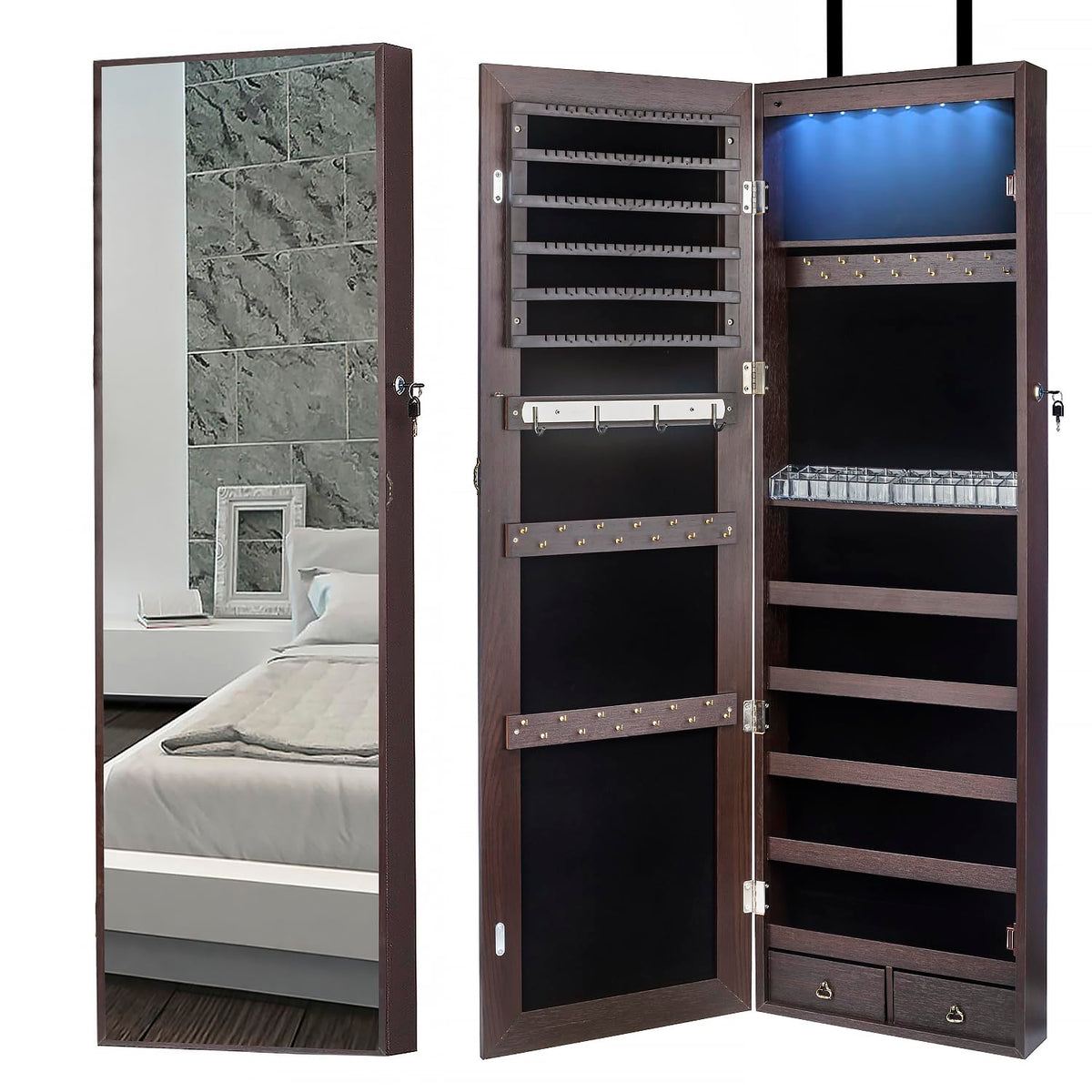Mokata 47" H Jewelry Armoire Full Length Mirror Cabinet Storage Organizer w/LED Light Wall-Mounted/Door-Hanging Lockable for Bedroom Makeups Brown