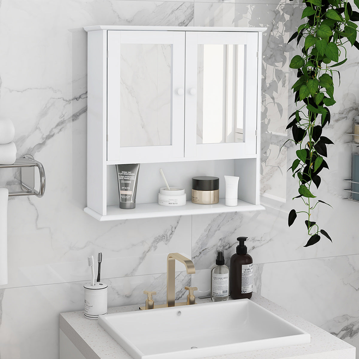 Bathroom Wall Cabinet With Double Mirror Doors And Shelves