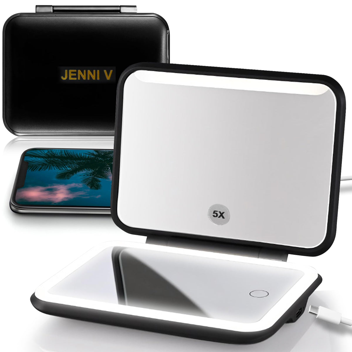 JENNI V LED Compact Mirror with Light 5X Magnification and Power Bank Changer - Handheld Pocket Mirror - Rechargeable Travel Mirror with Light - Small Portable Makeup Mirror for Purse (Black)