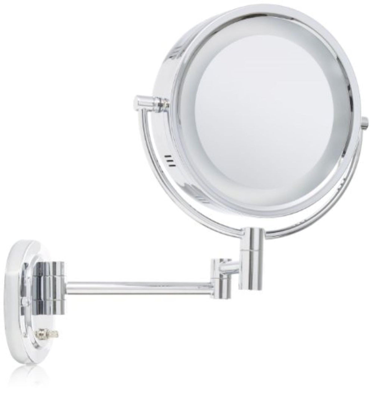 JERDON Two-Sided Wall-Mounted Makeup Mirror with Halo Lighting - Lighted Makeup Mirror with 5X Magnification & Wall-Mount Arm - Plug in Round Mirror with Chrome Finish Wall Mount - Model HL65C