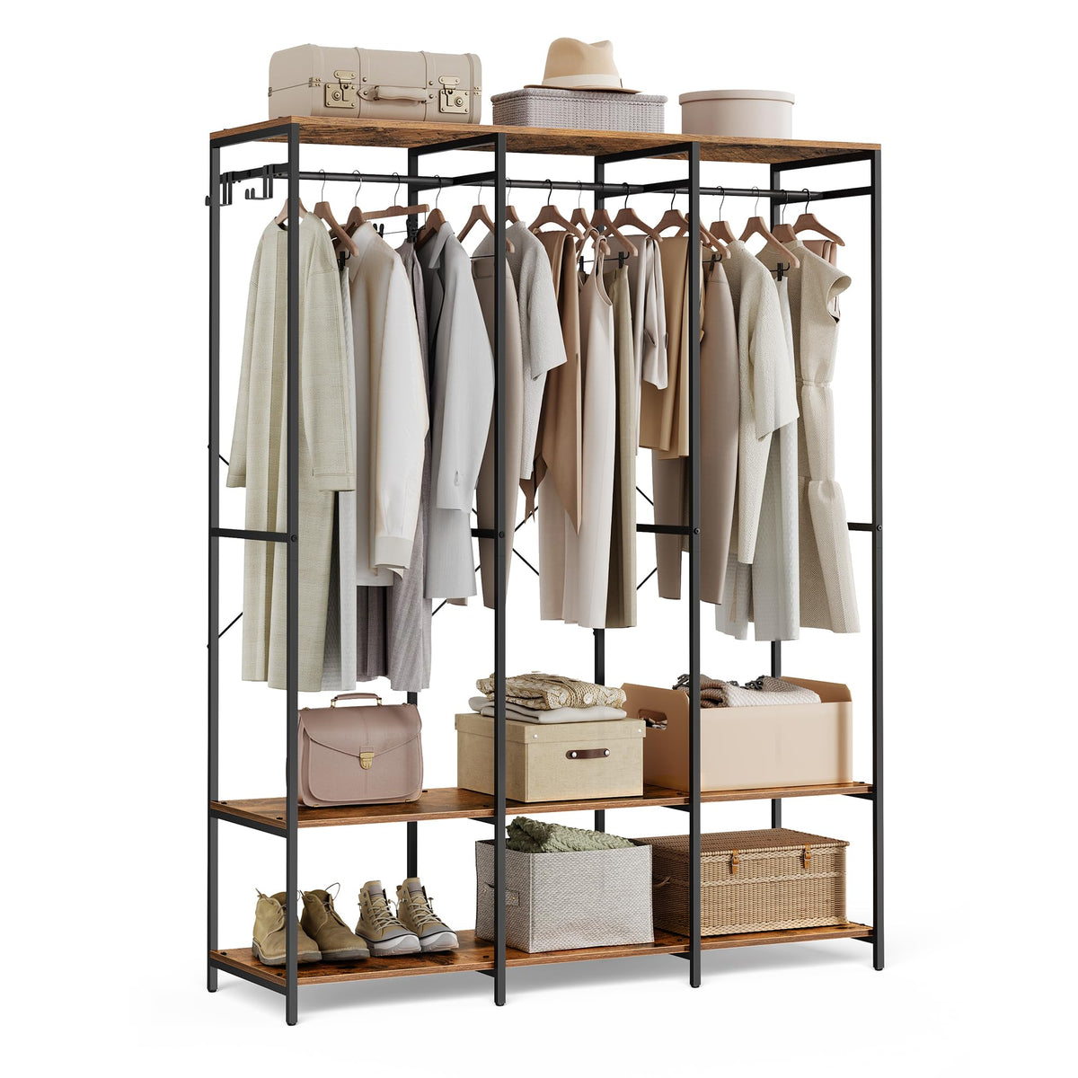 SONGMICS Clothes Rack Iron and Wood Wardrobe Closet Organizer Heavy Duty Garment Rack with Hanging Rods Closet Shelves Removable Hooks 15.7 x 55.5 x 70.9 Inches Rustic Brown URGR005B01