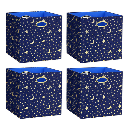 ArcaGuru 13x13x13 Storage Cube Bins Collapsible Storage Bins Fabric Storage Cubes Organizer Baskets Box Drawers for Shelves Closet Wardrobe Bookshelf Cabinet 4 Pack Navy Blue/Gold