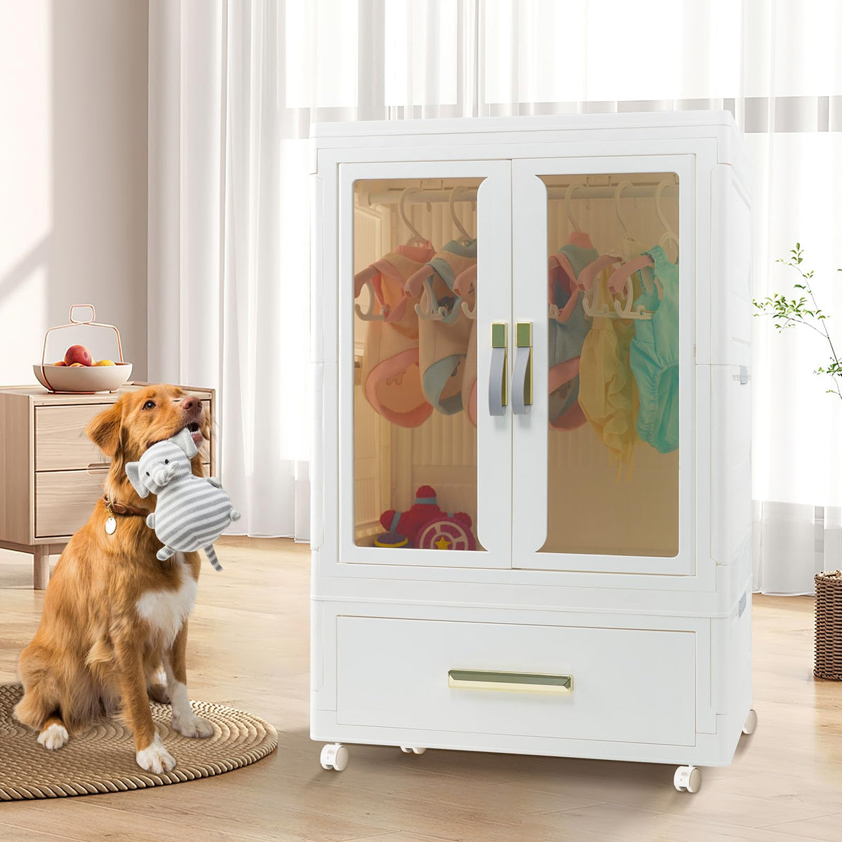 QudraKast Pet Wardrobe Closet Dog Closet - Stackable Storage Bins with Doors Wheels and Hanging Rods - Stackable Drawers Closet - Pet Accessories Dog Toys Pet Clothes