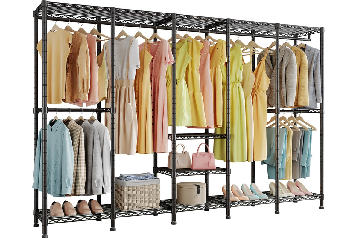 Higeego H5 Extra Large Wire Garment Rack Heavy Duty Clothes Rack Large Wardrobe Closet Freestanding Closet Rack for Hanging Clothes Clothing Rack with Adjustable Shelf 93.3"Lx15.7"Wx75.4"HBlack