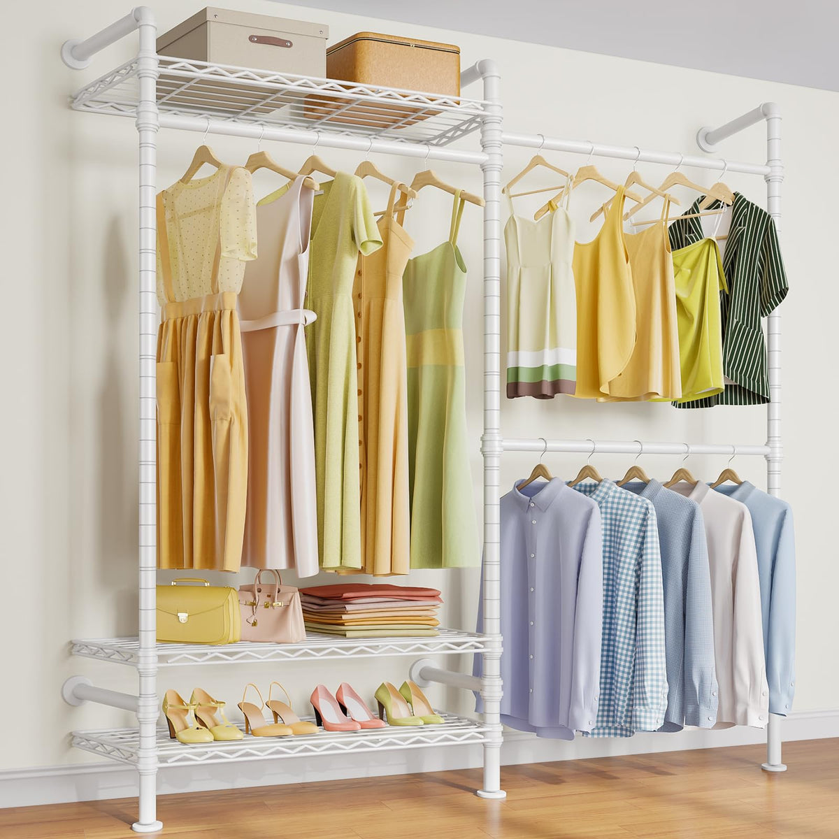 Timate F2 Industrial Pipe Clothes Rack Wall Mounted Clothing Rack for Hanging Clothes Expandable Garment Rack Heavy Duty Wardrobe Closet Organizer and Storage Adjustable Industrial Closet Kit White