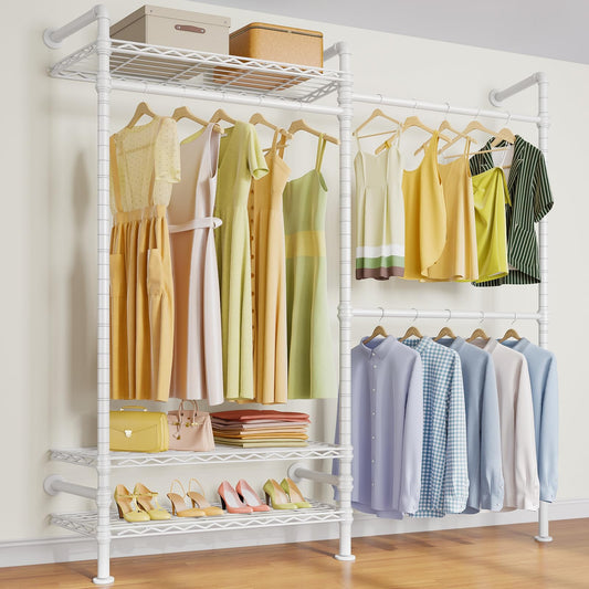 Timate F2 Industrial Pipe Clothes Rack Wall Mounted Clothing Rack for Hanging Clothes Expandable Garment Rack Heavy Duty Wardrobe Closet Organizer and Storage Adjustable Industrial Closet Kit White