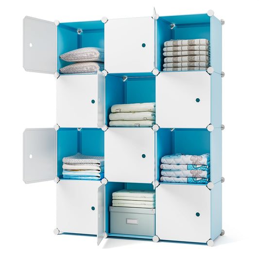 GIMTRR Closet Organizer 12-Cube Storage with Doors Closet Organizers and Storage Portable Closet Storage System Clothes Organizer Storage Shelf for Bedroom Wardrobe Blue