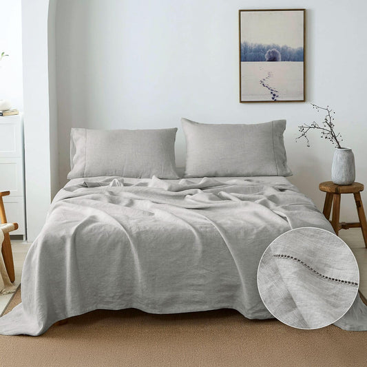Simple&Opulence 100% Belgian Linen Sheet Set Handmade Hemstitch Light Grey Twin Size Bed Sheet-3 Pieces(1 Flat Sheet+1 Fitted Sheet+1 Pillowcase)-Natural Flax Farmhouse Bedding