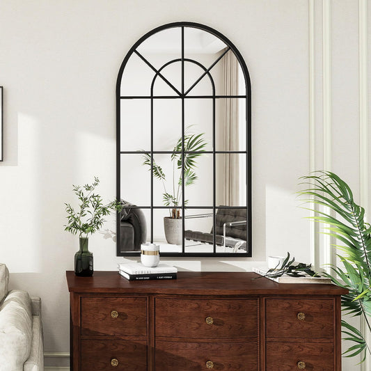 OGCAU Wall Mounted Mirror Arched Wall Mirror 42"x24" Arch Bathroom Mirror Farmhouse Window Mirror with Iron Frame Windowpane Mirror Wall Decor for Bedroom Entryway Living Room (Black)