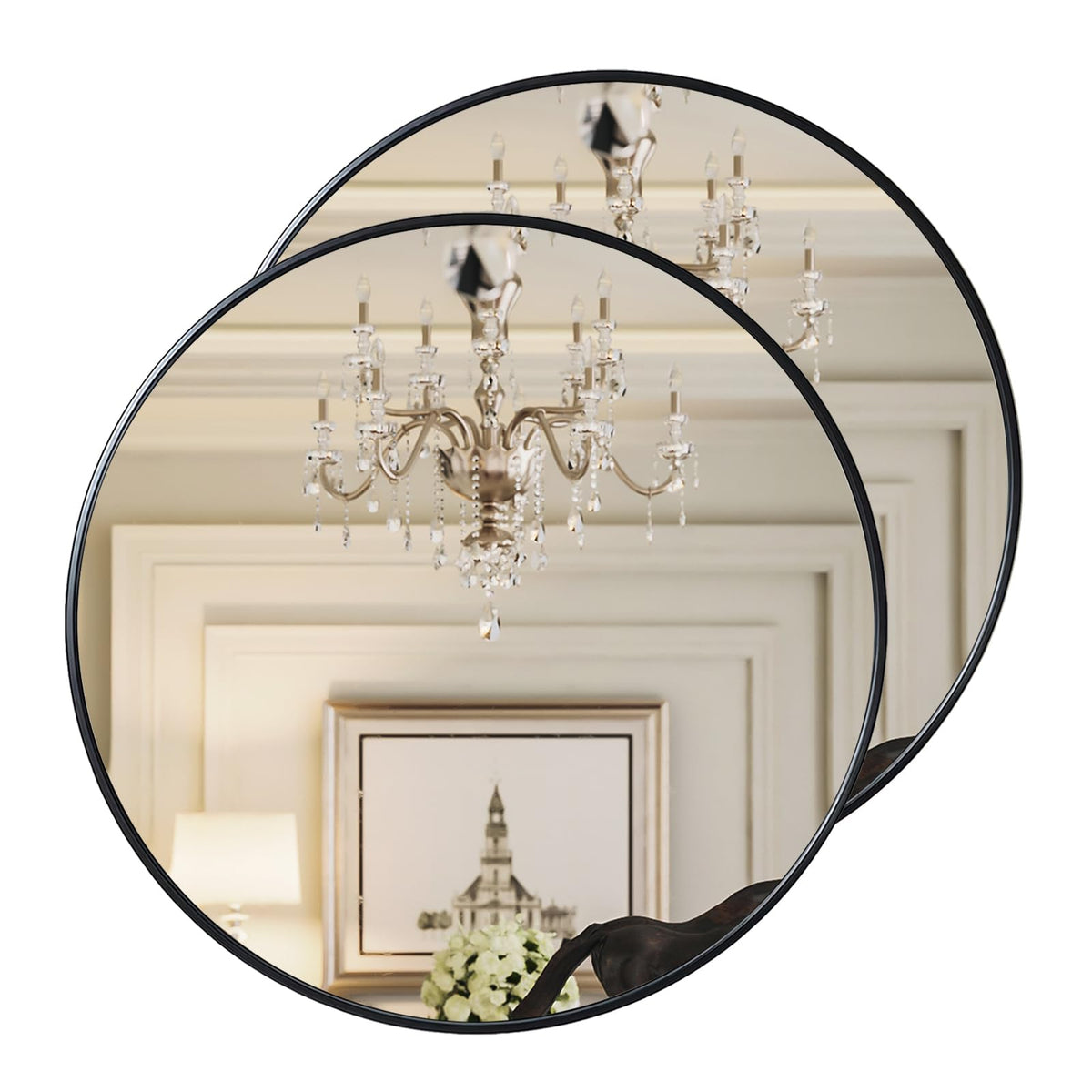 Growsun Black Round Mirror 24 inch Wall Mounted Circle Mirror Metal Framed Mirror for Bathroom Vanity Bedroom Home Decor Mirros 2 Pack