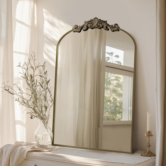 Arched Wall Mirror Vintage Carved Bathroom Mirror 22" x 30" Bronze Antique Metal Frame Wall Mirror for Bedroom Living Room Entryway Fireplace Hallway