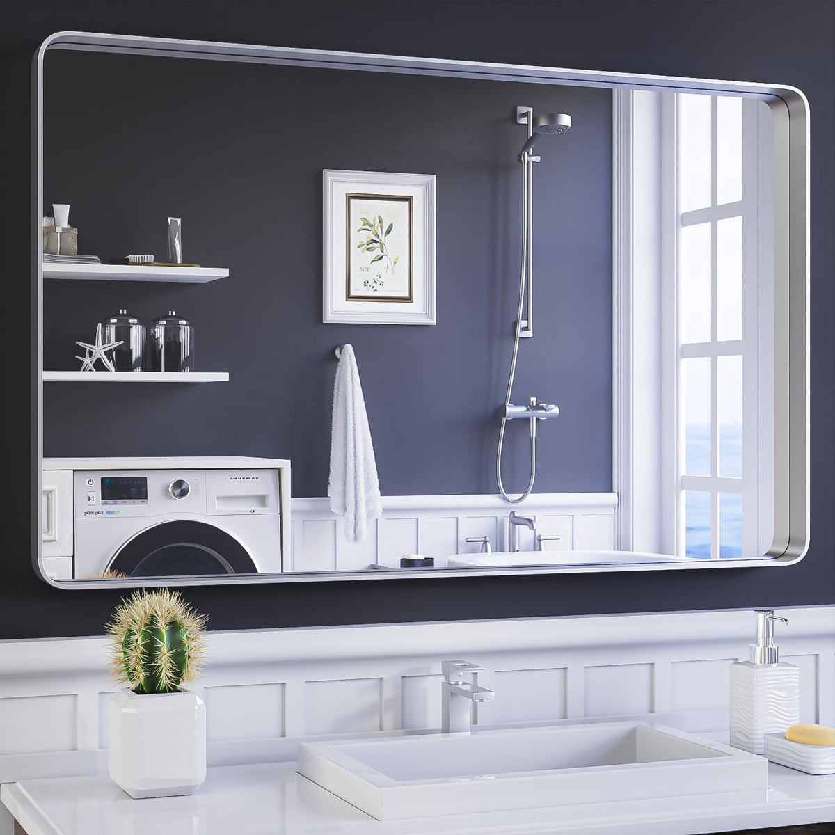 ISKM Silver Framed Mirror for Wal Bathroom Mirror for Wall 48" x 30" Matte Framed Vanity Mirror Anti-Rust Tempered Glass Rounded Rectangle Mirror(Horizontal/Vertical)