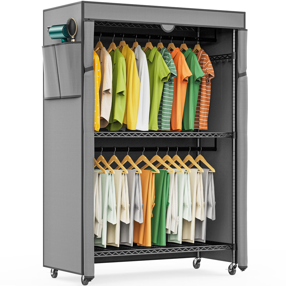 LEHOM G1C Heavy Duty Clothes Rack with Cover Rolling Garment Rack for Hanging Clothes Portable Closets with Oxford Fabric Cover Freestanding Clothing Rack on Wheels Storage Wardrobe for Bedroom