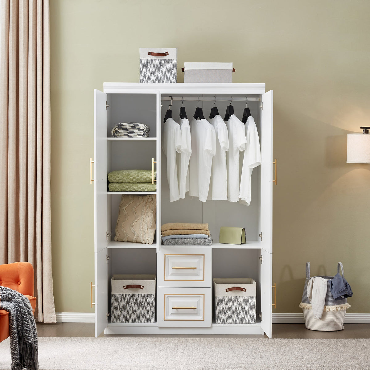 YG-5 Armoire Wardrobe  74" H 3 Doors 2 Drawers White Bedroom Wardrobe Armoire Closet Freestanding Clothes Storage Armoire Organizer with Hanging Rod Shelves Clothes Cabinet for Bathrooms Clothes Storage