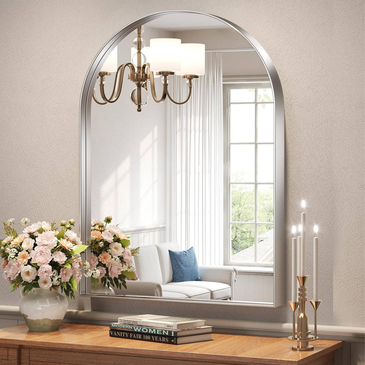 Brightify Arched Mirror Arched Wall Mirror 32 x 40 Inch Silver Arch Mirror Metal Frame Silver Bathroom Mirror Arched Top Bathroom Vanity Mirror for Living Room Bedroom Mantel Entryway Hallways