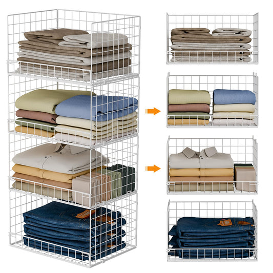 Yociyoga 4-Tier Stackable Closet Organizers and Storage Basket Foldable Closet Shelf Organizer System Space-Saving Clothes Storage Drawer Organizer for Wardrobe White (Patent Pending)