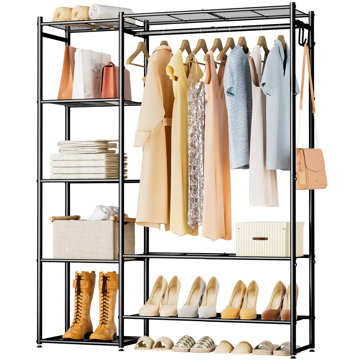 Wardrobe Closet Portable Clothing Rack for Hanging Clothes Free Standing Closet Organizers and Storage System with 4 Tiers Shelves for Cloakroom Bedroom Black