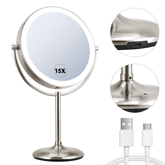 VORREMIRR 15X Magnifying Mirror with Light: 9 inch Lighted Makeup Mirror with 3 Colors 360°Rotation Touch Screen Rechargeable Light up Mirror Double Sided LED Vanity Mirror Brushed Nickel