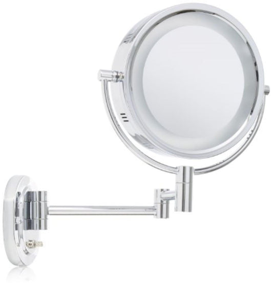 JERDON Two-Sided Wall-Mounted Makeup Mirror with Halo Lighting - Lighted Makeup Mirror with 5X Magnification & Wall-Mount Arm - Plug in Round Mirror with Chrome Finish Wall Mount - Model HL65C
