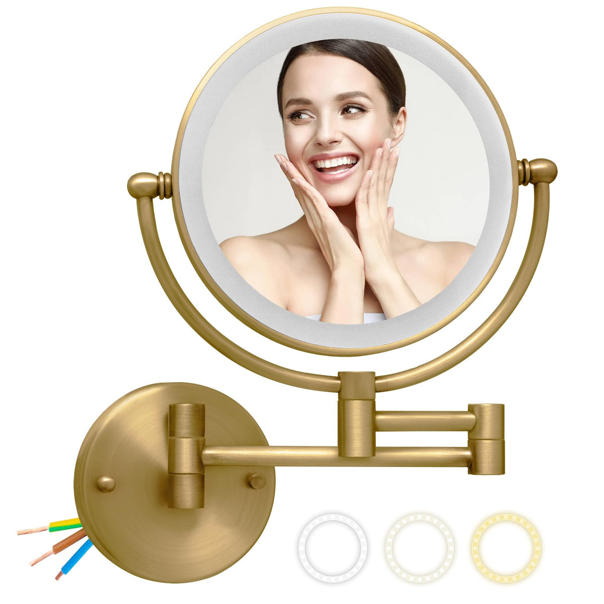 LEDOOLE Wall Mounted Makeup Mirror with Light and Magnification 7W Higher Brightness and Dimmable 1X/10X Double Sided Wall Magnified Mirror Extending Vanity Mirror for Bathroom Black Direct Wire
