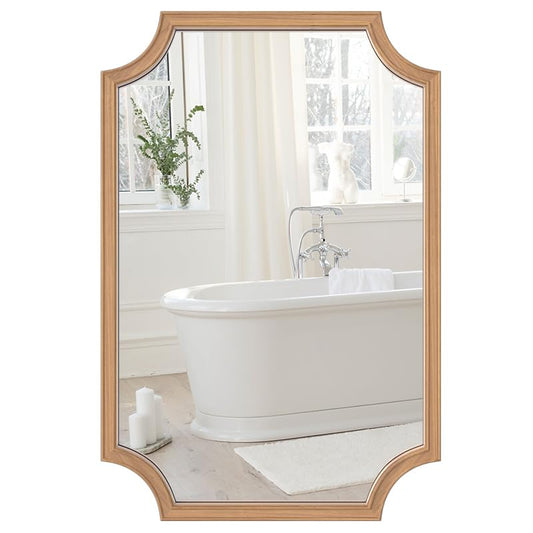 WallBeyond 20" x 30" Full Scalloped Corners Arch Rectangle Wall Mirror with Wood Frame for Entryway Living Room or Bedroom Home Decor - Light Woodgrain [20" x 30" Honey-Colored ]