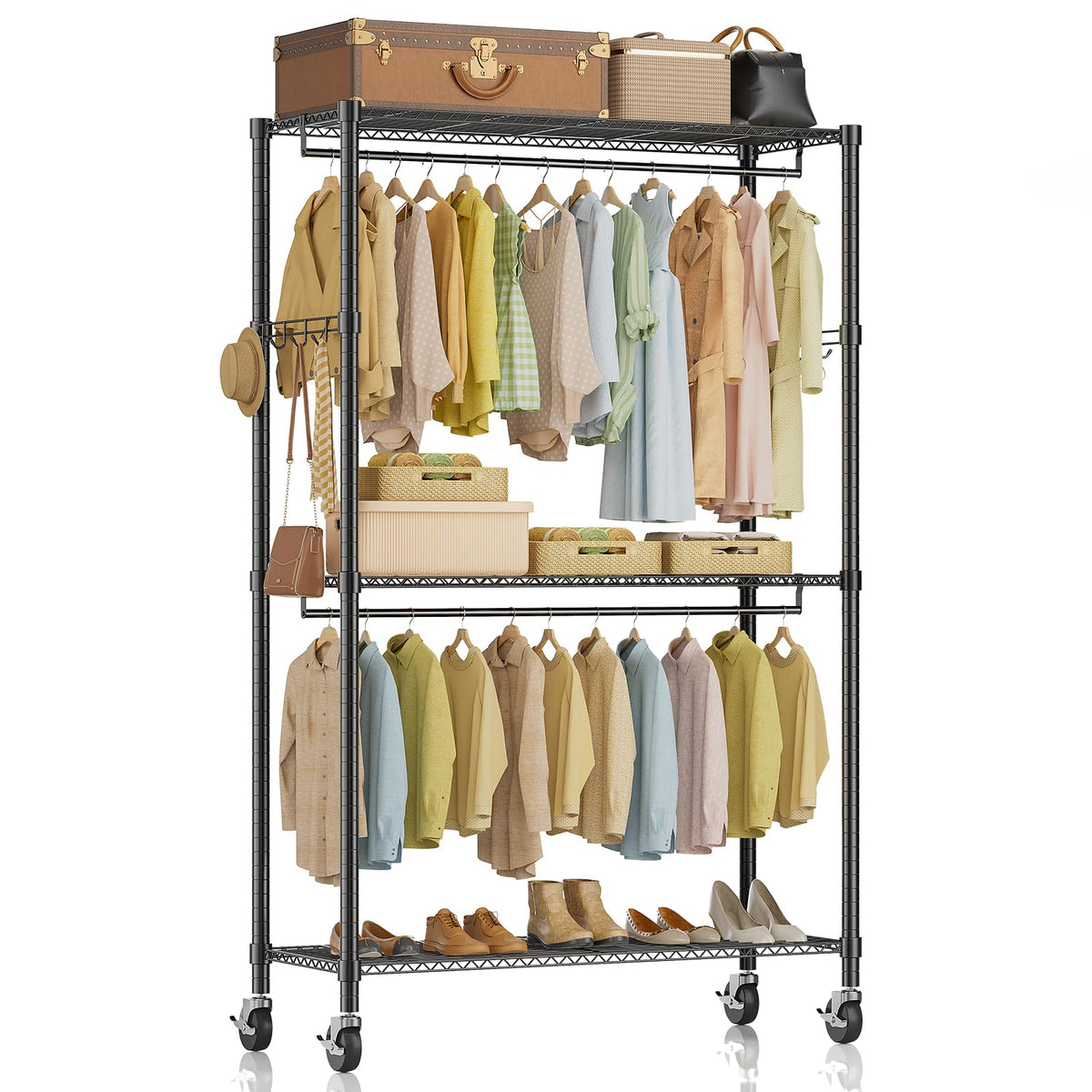 Simple Deluxe Rolling Clothes Rack Heavy Duty Clothing Rack 3-Shelf Portable Adjustable Wardrobe Closet with Wheels Hanging Rods & Side Hooks 43.3" W x 17.7" D x 80.3" H Black